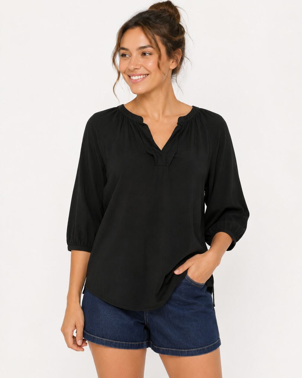 Encore by Idina Menzel Black Double Gauze Peasant Blouse Women Small  NWT